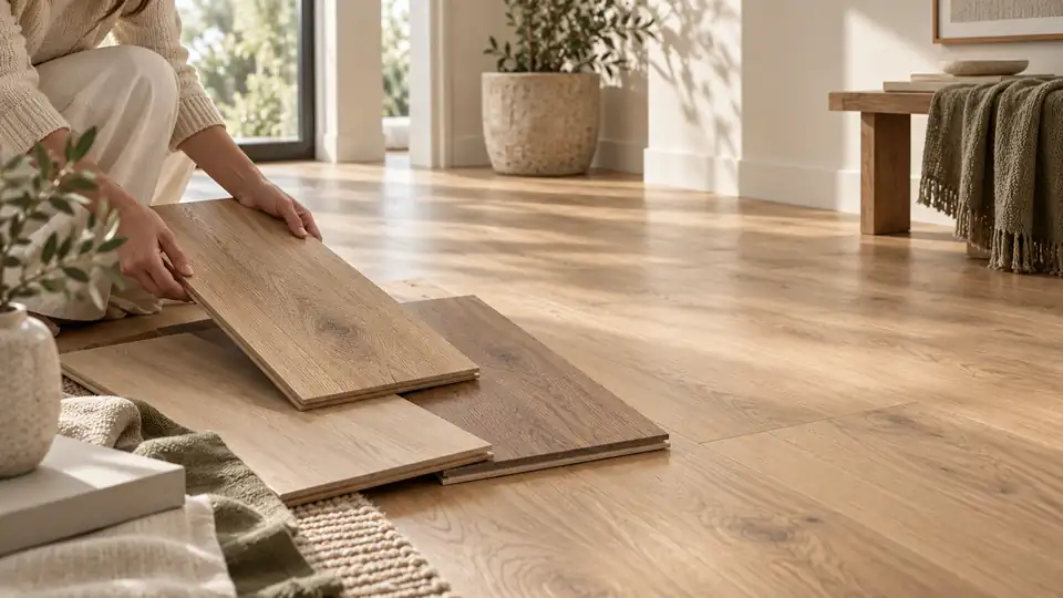 Warm oak flooring samples being compared in natural light at home