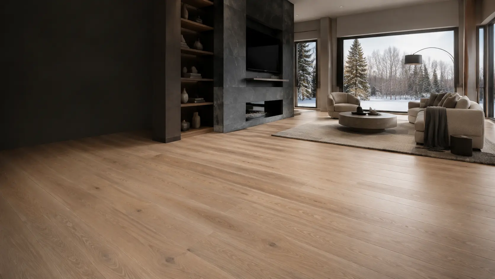 Warm modern room with natural wood flooring
